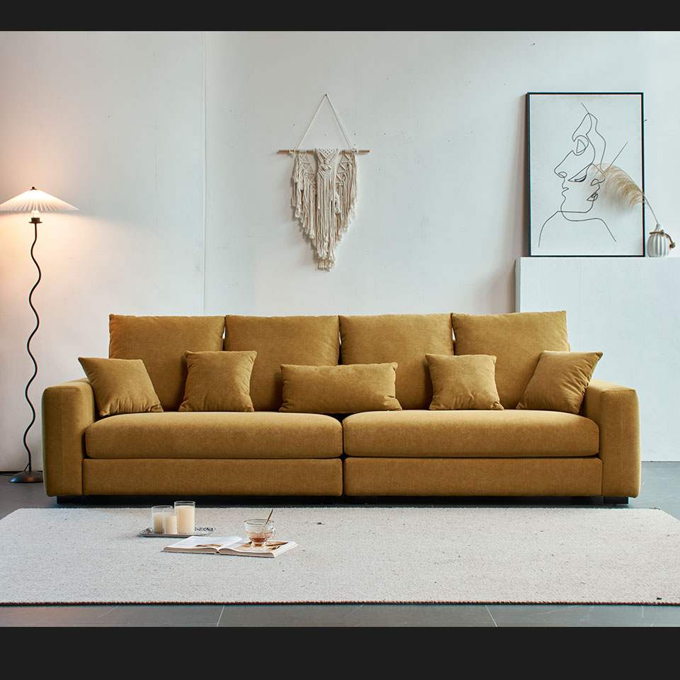 貝魯姆L型貓抓布沙發，壓線扶手造型，讓沙發更有設計感