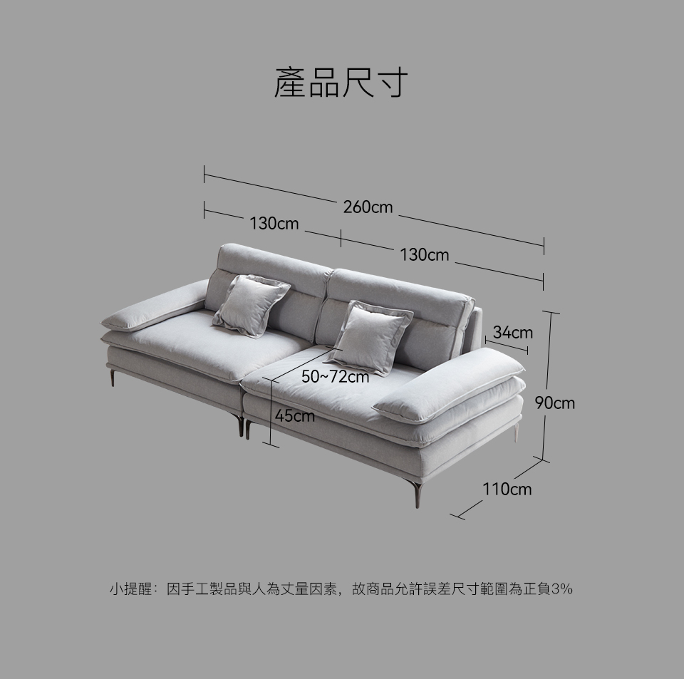 艾登一字型貓抓布沙發尺寸